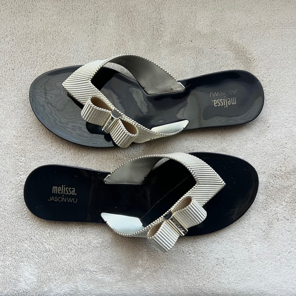 Melissa Jason Wu Women 10 EU 41/42 Black Champagne Gold Bow Flip Flop Sandals